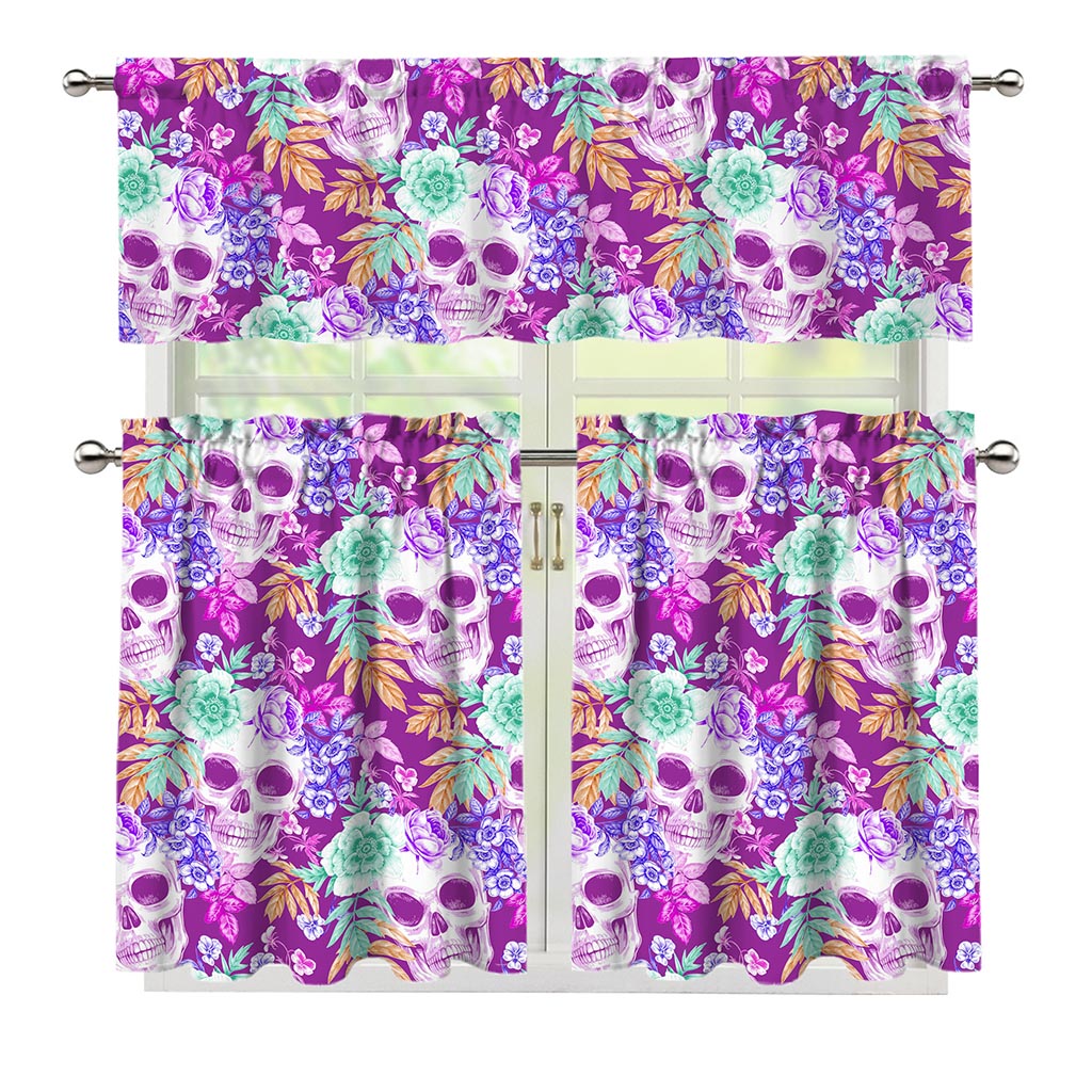 Neon Skull Floral Pattern Print 3 Piece Kitchen Curtains