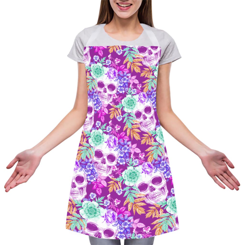 Neon Skull Floral Pattern Print Adjustable Apron
