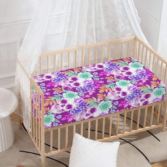 Neon Skull Floral Pattern Print Baby Crib Sheet