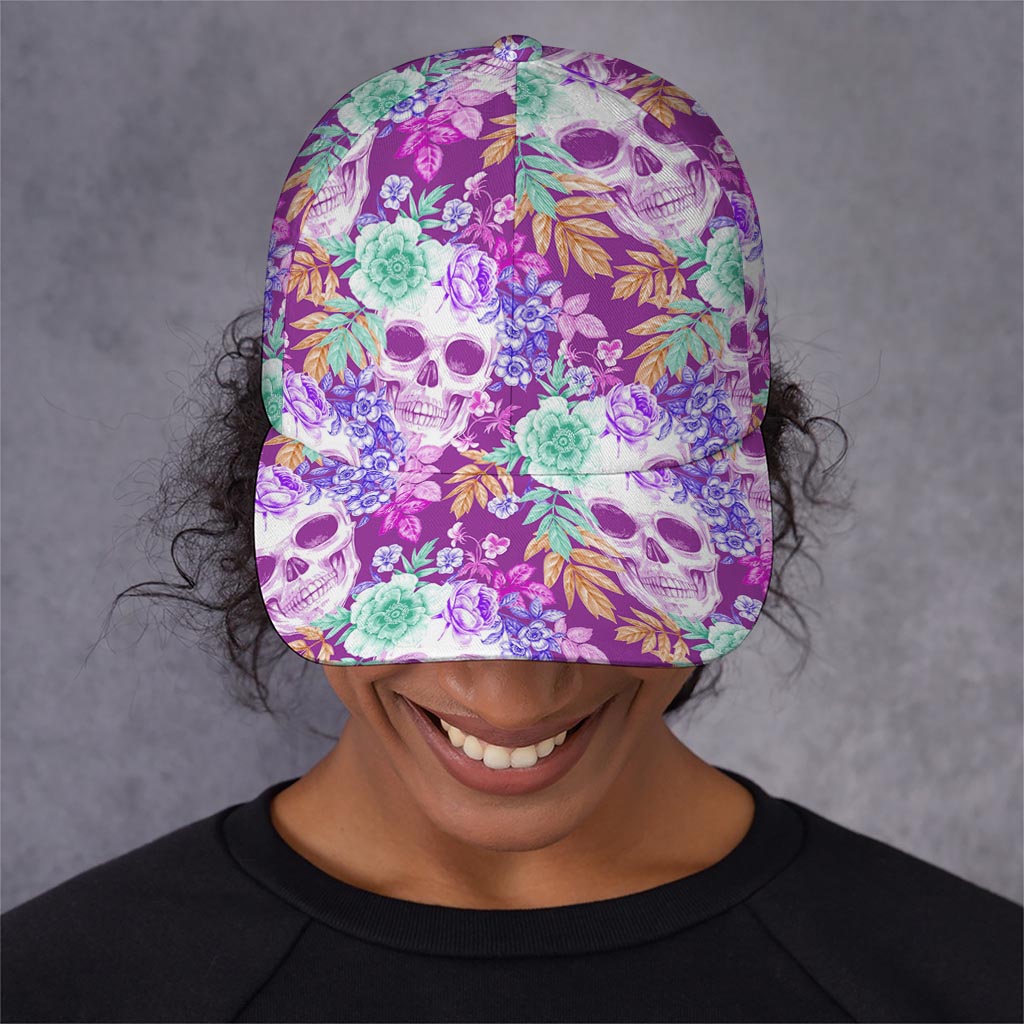 Neon Skull Floral Pattern Print Baseball Cap
