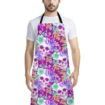 Neon Skull Floral Pattern Print Bib Apron With Pocket