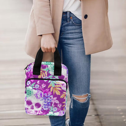 Neon Skull Floral Pattern Print Bible Tote Bag
