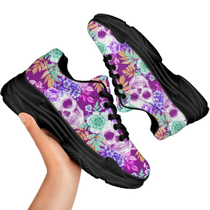 Neon Skull Floral Pattern Print Black Chunky Shoes