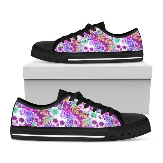 Neon Skull Floral Pattern Print Black Low Top Sneakers