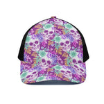 Neon Skull Floral Pattern Print Black Mesh Trucker Cap