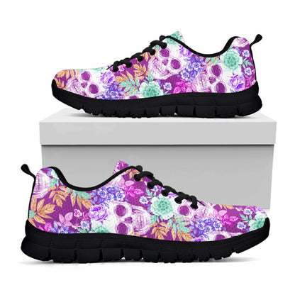 Neon Skull Floral Pattern Print Black Running Shoes