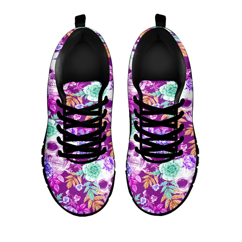 Neon Skull Floral Pattern Print Black Running Shoes