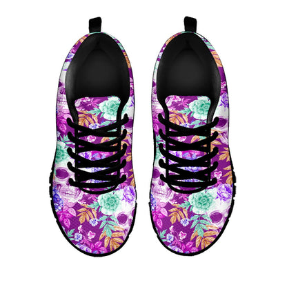 Neon Skull Floral Pattern Print Black Running Shoes