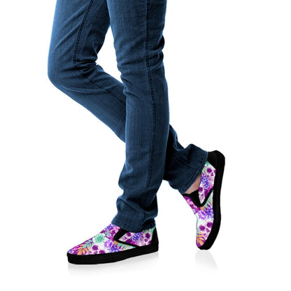 Neon Skull Floral Pattern Print Black Slip On Sneakers