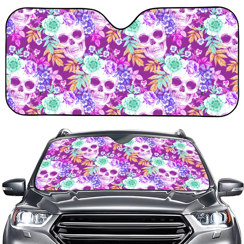 Neon Skull Floral Pattern Print Car Windshield Sun Shade