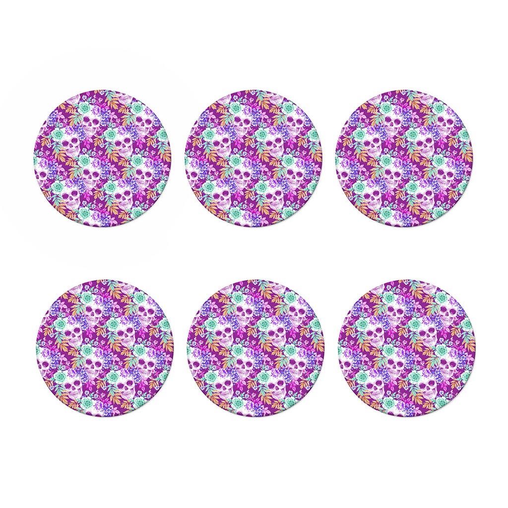 Neon Skull Floral Pattern Print Coaster Set