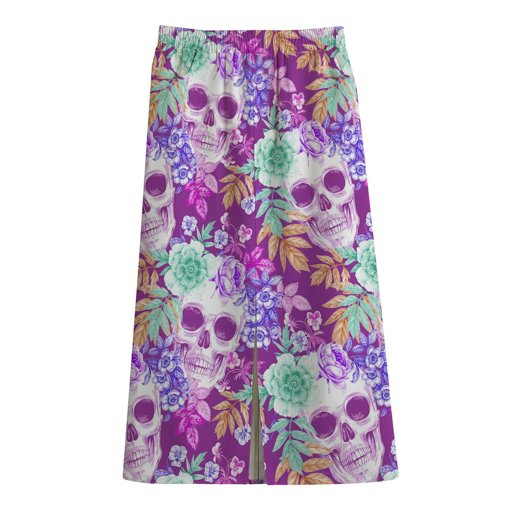 Neon Skull Floral Pattern Print Cotton Front Slit Maxi Skirt