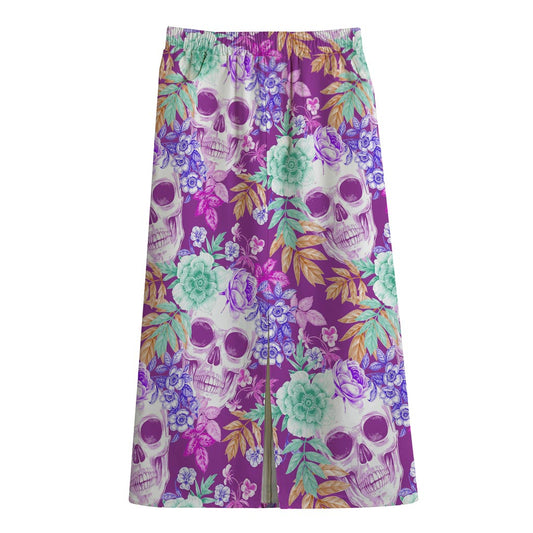 Neon Skull Floral Pattern Print Cotton Front Slit Maxi Skirt