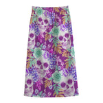 Neon Skull Floral Pattern Print Cotton Front Slit Maxi Skirt