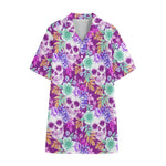 Neon Skull Floral Pattern Print Cotton Hawaiian Shirt