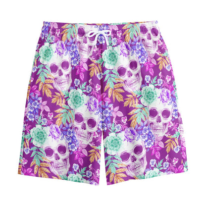 Neon Skull Floral Pattern Print Cotton Shorts