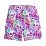 Neon Skull Floral Pattern Print Cotton Shorts
