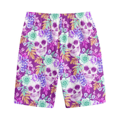 Neon Skull Floral Pattern Print Cotton Shorts