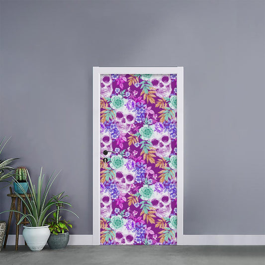 Neon Skull Floral Pattern Print Door Sticker
