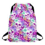 Neon Skull Floral Pattern Print Drawstring Backpack