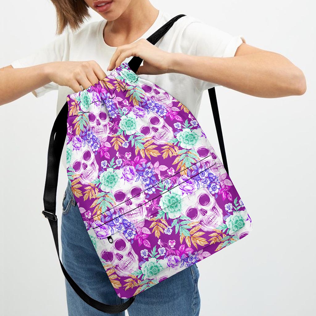 Neon Skull Floral Pattern Print Drawstring Backpack
