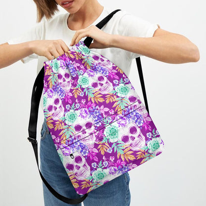 Neon Skull Floral Pattern Print Drawstring Backpack