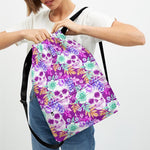 Neon Skull Floral Pattern Print Drawstring Backpack