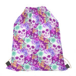 Neon Skull Floral Pattern Print Drawstring Bag