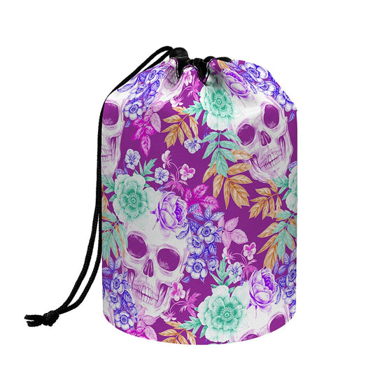 Neon Skull Floral Pattern Print Drawstring Makeup Bag