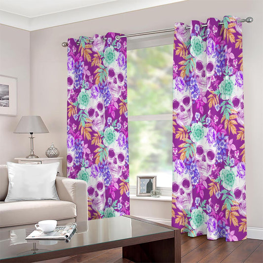 Neon Skull Floral Pattern Print Extra Wide Grommet Curtains