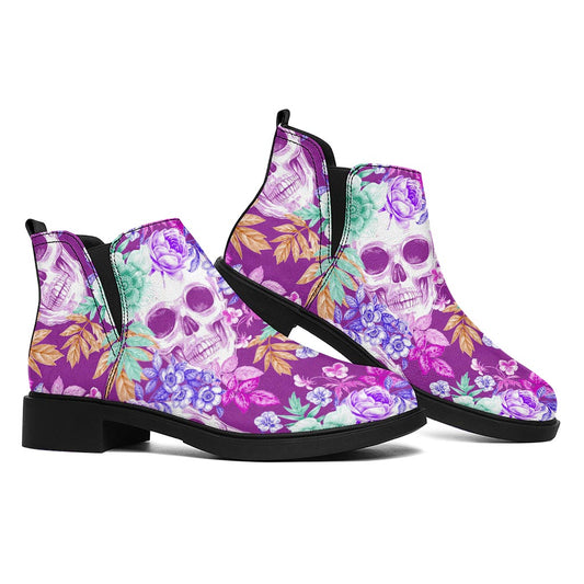 Neon Skull Floral Pattern Print Flat Ankle Boots