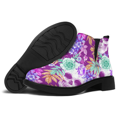 Neon Skull Floral Pattern Print Flat Ankle Boots