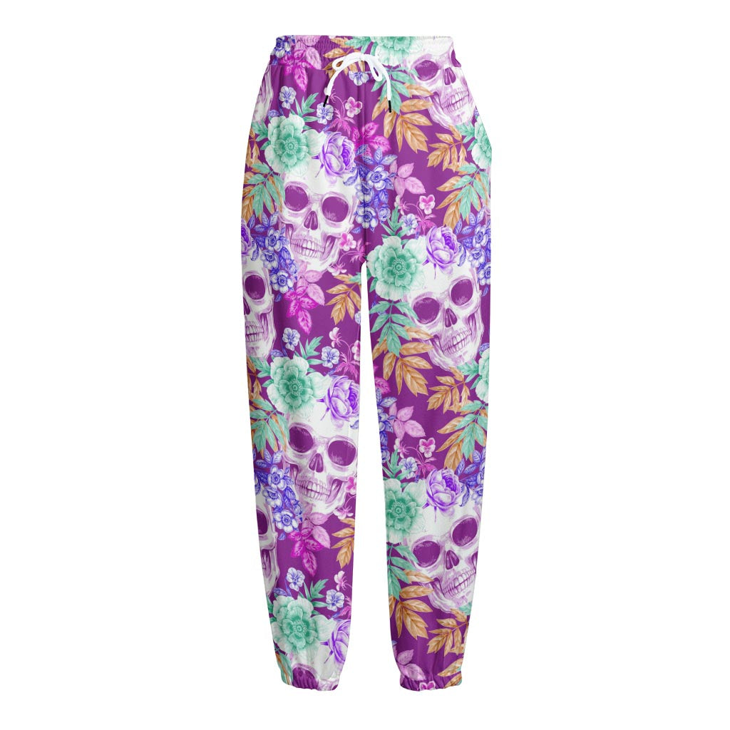Neon Skull Floral Pattern Print Fleece Lined Knit Pants
