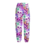 Neon Skull Floral Pattern Print Fleece Lined Knit Pants