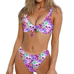 Neon Skull Floral Pattern Print Front Bow Tie Bikini