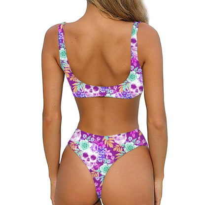 Neon Skull Floral Pattern Print Front Bow Tie Bikini
