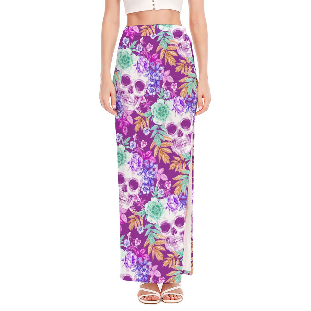 Neon Skull Floral Pattern Print High Slit Maxi Skirt