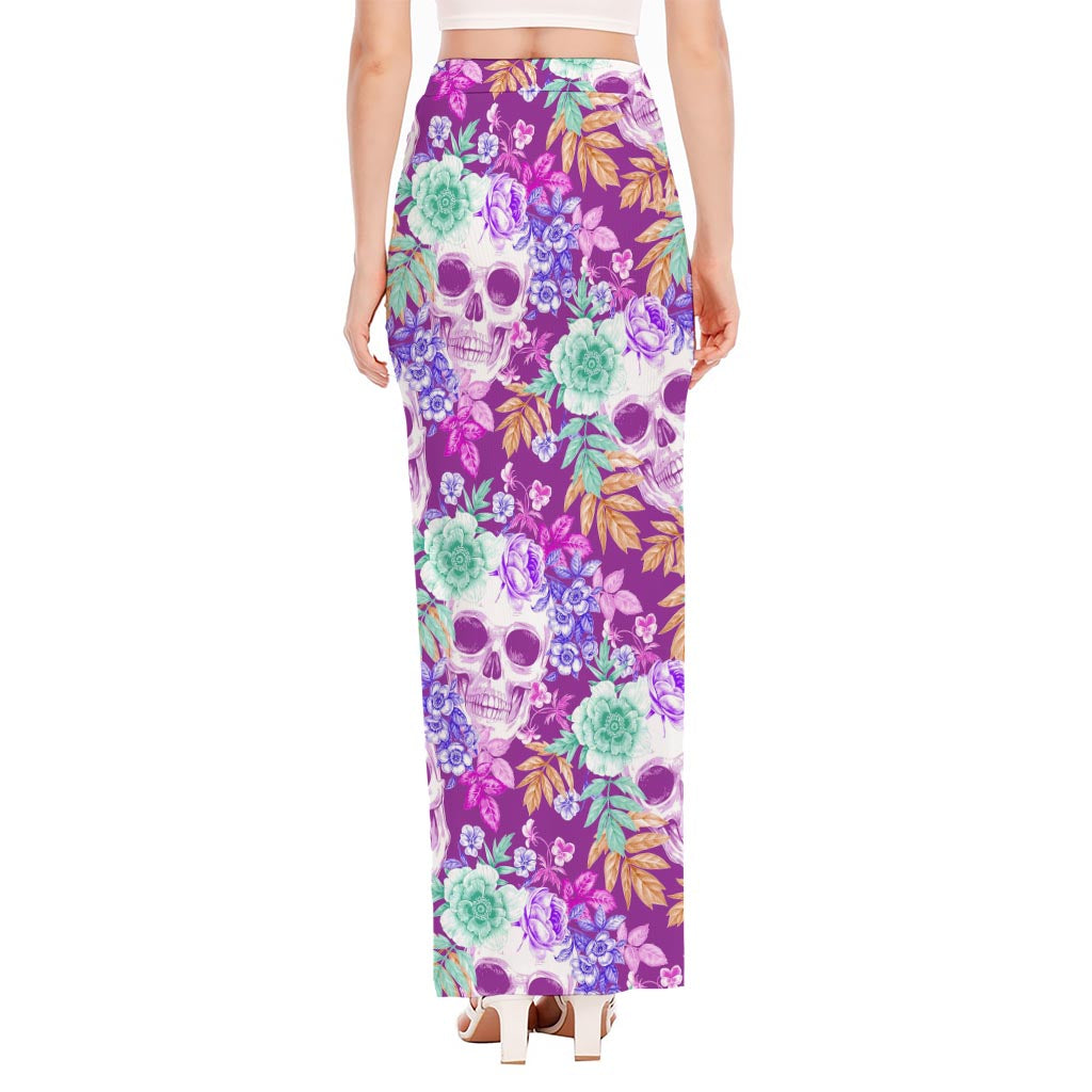 Neon Skull Floral Pattern Print High Slit Maxi Skirt