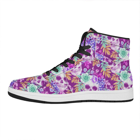 Neon Skull Floral Pattern Print High Top Leather Sneakers
