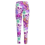 Neon Skull Floral Pattern Print High-Waisted Pocket Leggings