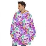 Neon Skull Floral Pattern Print Hoodie Blanket
