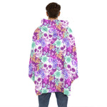 Neon Skull Floral Pattern Print Hoodie Blanket