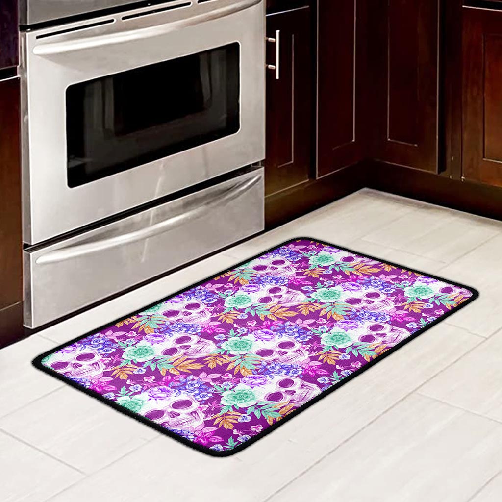 Neon Skull Floral Pattern Print Kitchen Mat