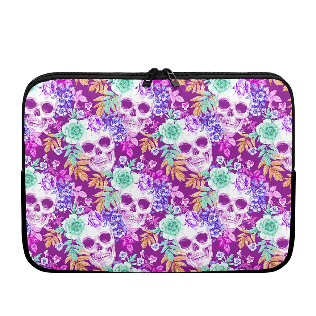 Neon Skull Floral Pattern Print Laptop Sleeve