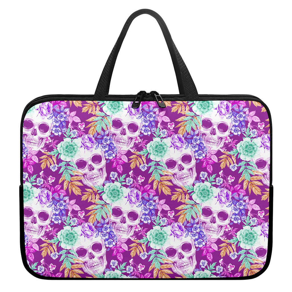 Neon Skull Floral Pattern Print Laptop Sleeve With Handle