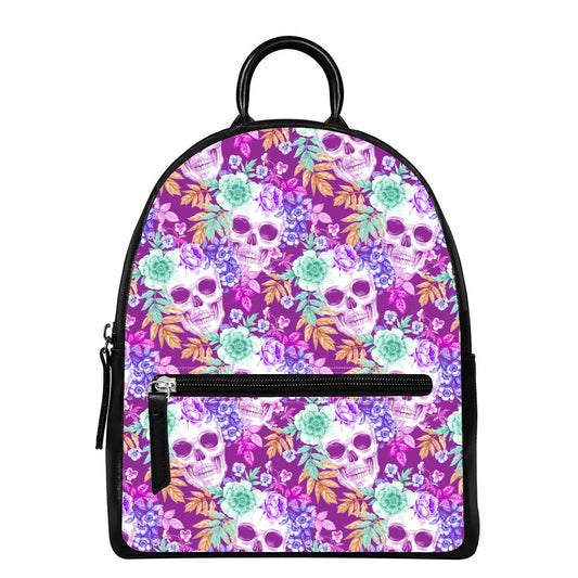 Neon Skull Floral Pattern Print Leather Backpack