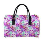 Neon Skull Floral Pattern Print Leather Duffle Bag