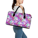 Neon Skull Floral Pattern Print Leather Duffle Bag
