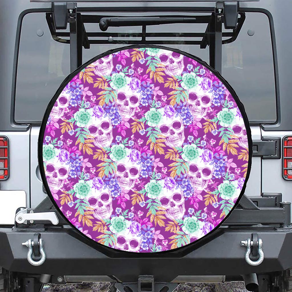 Neon Skull Floral Pattern Print Leather Spare Tire Cover