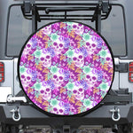 Neon Skull Floral Pattern Print Leather Spare Tire Cover